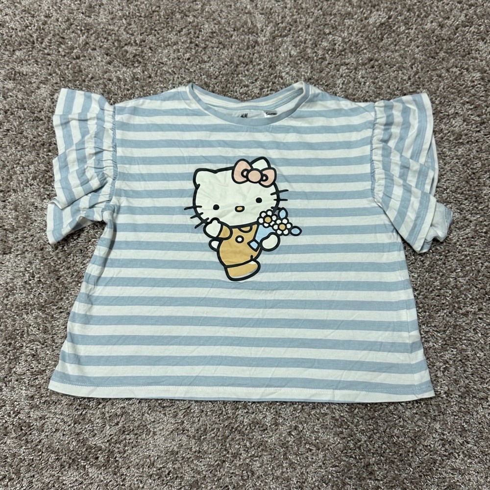 HM Sanrio Hello Kitty Girls Blue White Striped Ruffle Sleeve T-Shirt Size 8-10Y